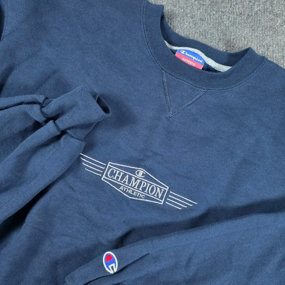 Vintage 90s Champion Sweatshirt Mens Medium Navy Blue Embroidered Logo Crewneck